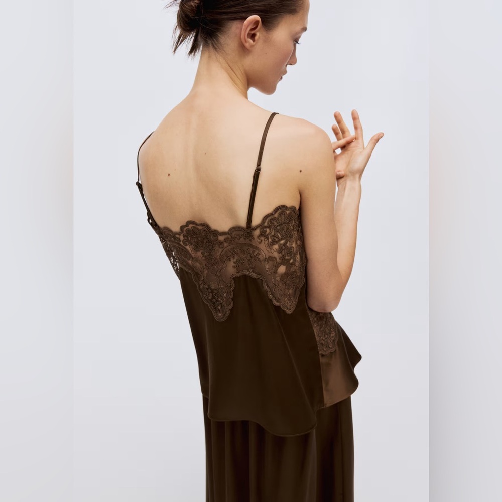 H&M lace detail Camisole Top satin dark brown size small NWT - Picture 4 of 9